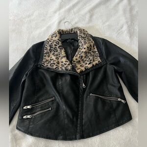 Baccini Black Leather Jacket with Leopard Print Collar